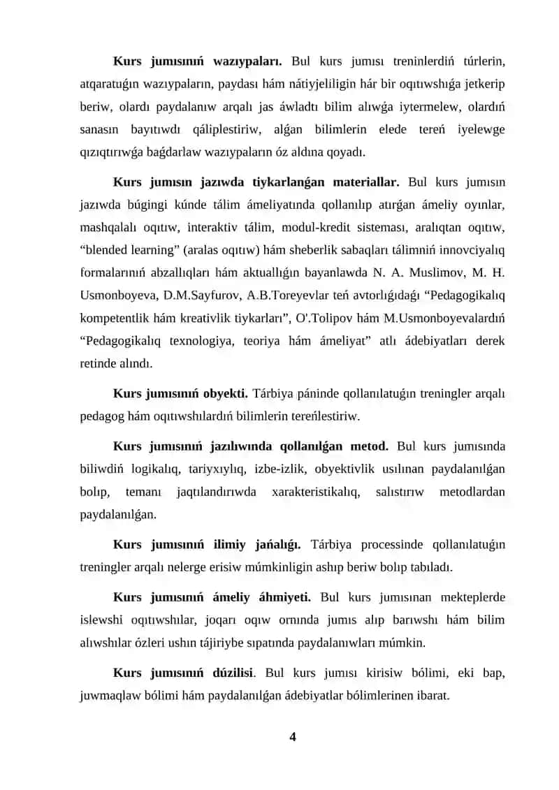 KURS JUMISI TÁRBIYA PÁNIN OQITIWDA TRENINGLERDEN PAYDALANIW 4