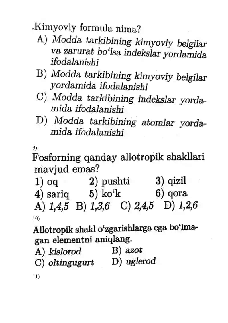 Kimyo faniga kirish test 4