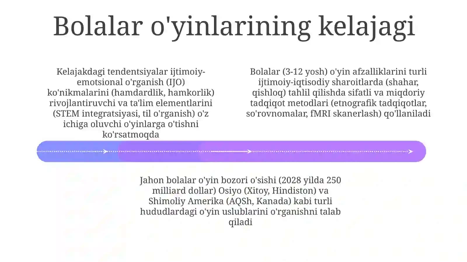 Bolalar o'yinlari: Qoidalar moslashuvchanligi, ijtimoiy dinamika (hamkorlik, mojaroni hal qilish) tahlili. Topilmalar yoshga bog'liq o'yin afzalliklari va strategik fikrlashdagi farqlarni ko'rsatadi 4