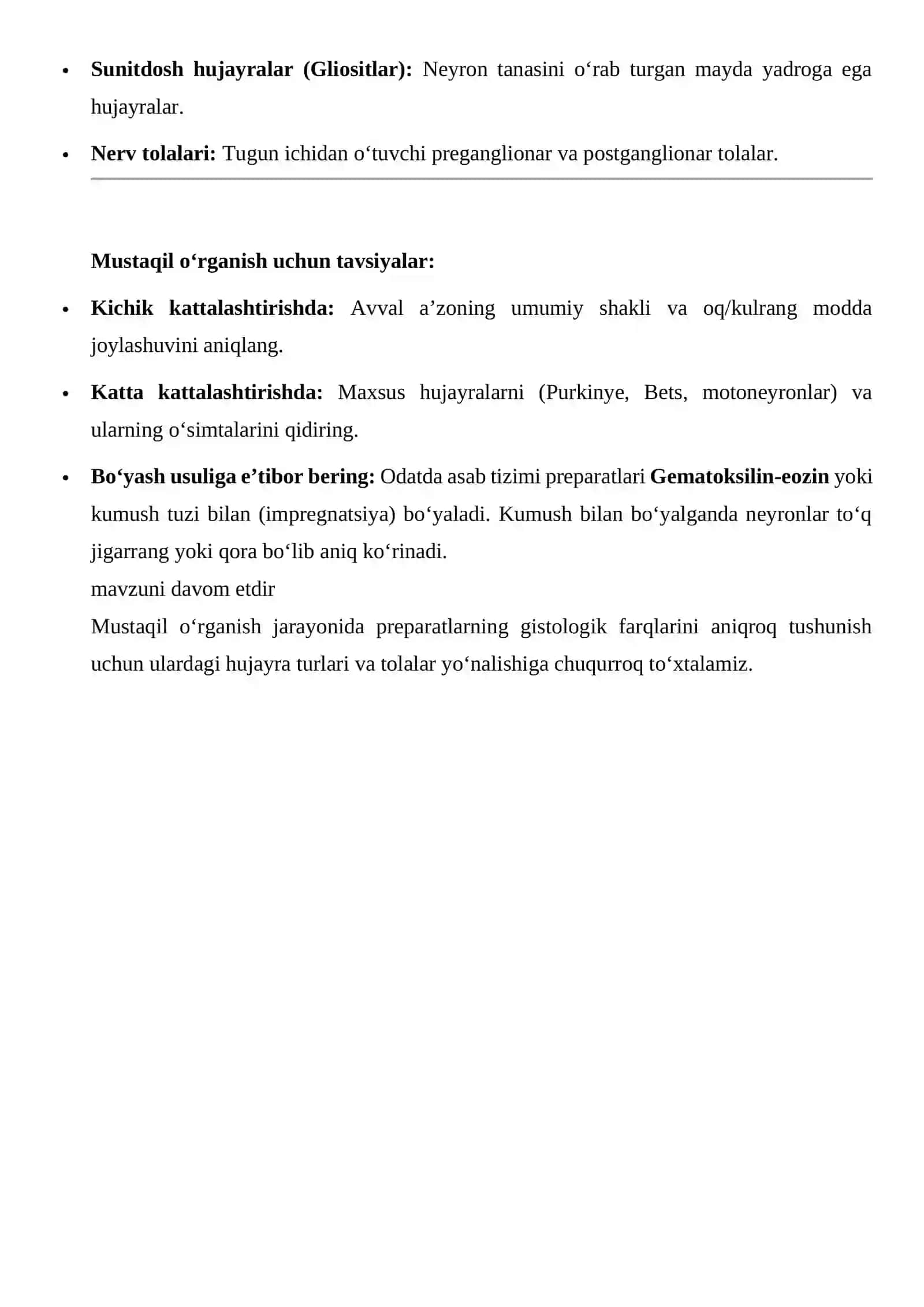 Bosh miya, miyacha, orqa miya vegitativ asab tuguni preparatlarini mustaqil holda mikroskopik tuzulishini o`rganish 4