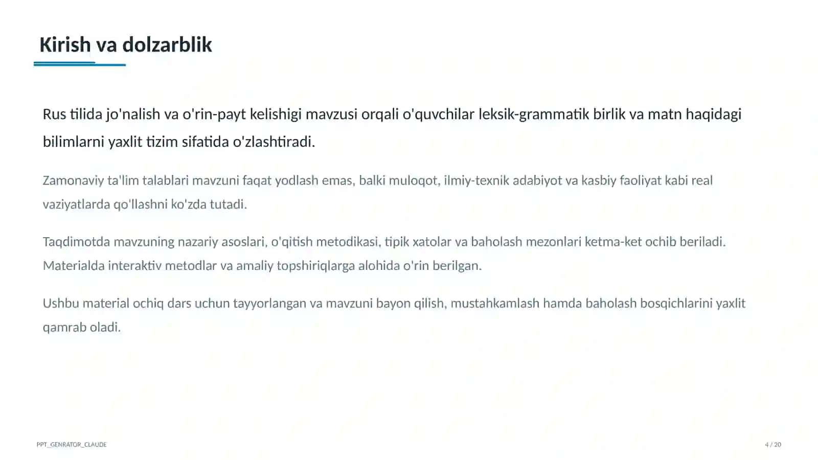 Rus tilida jo'nalish va o'rin-payt kelishigi (5-sinf) 4