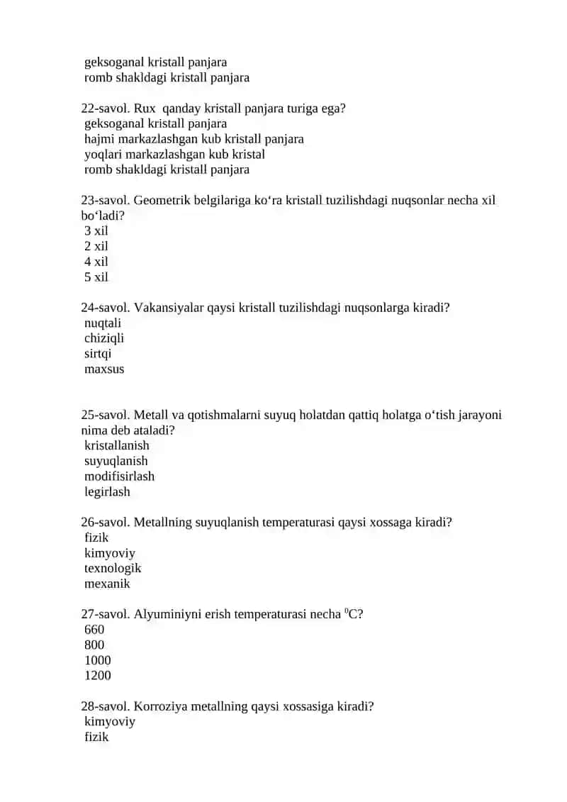 Materialshunoslik va konstruksion materiallar texnologiyasi test savollari 4