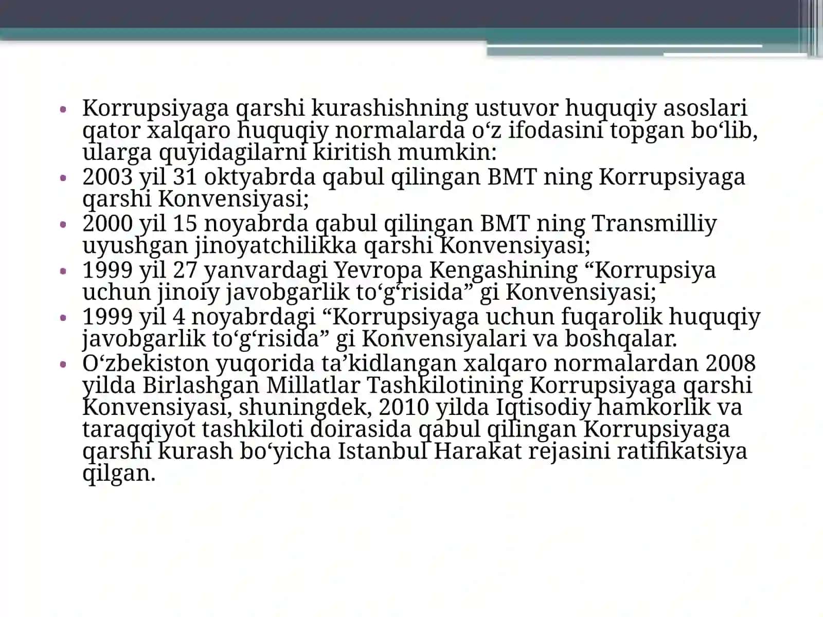 Korrupsiyaga qarshi kurashish bo’yicha xalqaro qonun va huquq mexanizmlari. 4