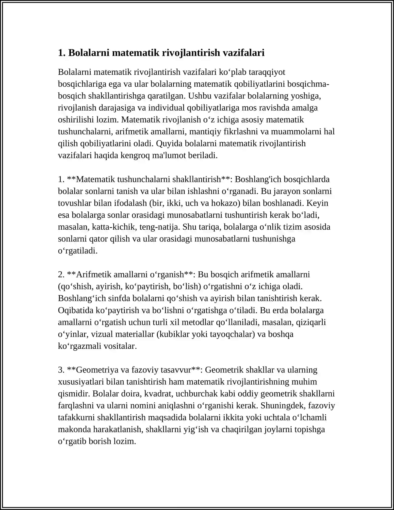 BOLALARNI MATEMATIK RIVOJLANTIRISH VAZIFALARINI AMALGA OSHIRISHDA MAKTABGACHA TA'LIM TASHKILOTI OILA VA MAKTAB BILAN ISHLASHDAGI UZVIY BOG'LIQLIK 4