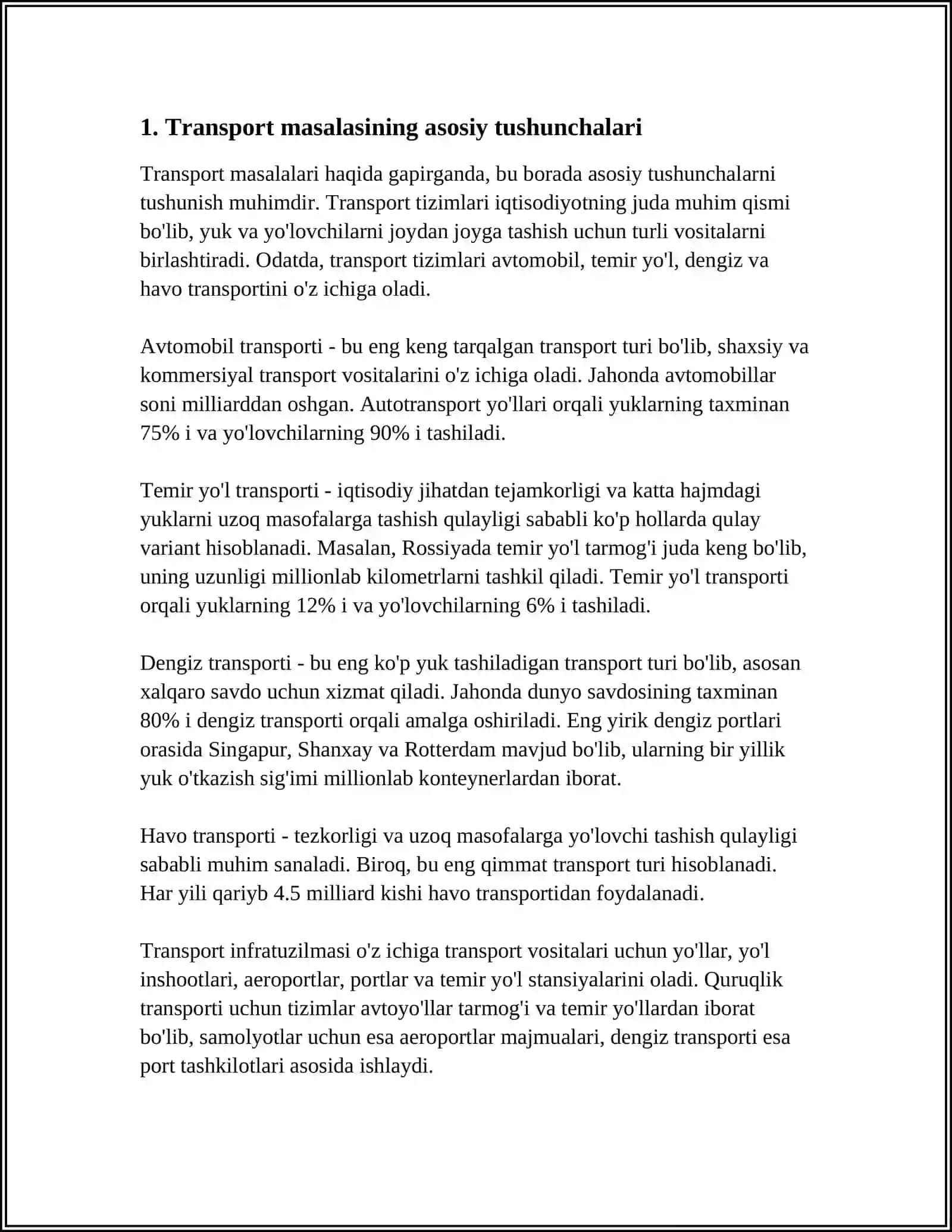TRANSPORT MASALASINING QO’YILISHI VA YECHISHNING USULLARIGA DOIR TADQIQOT ISHINI BAJARISH 4