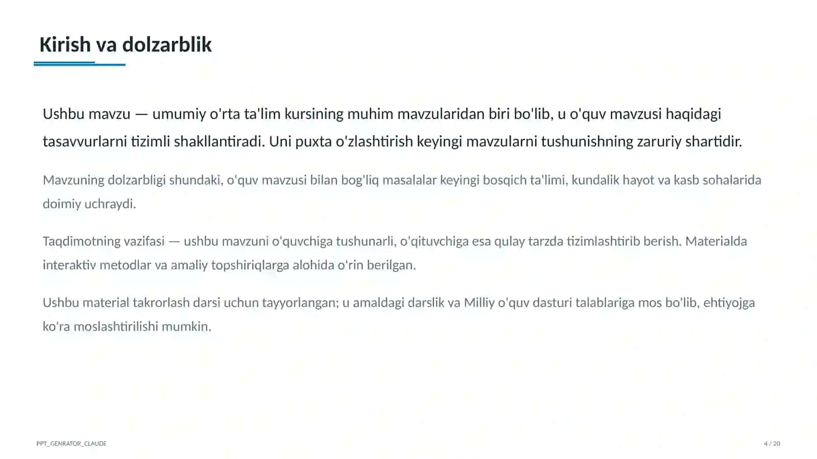 Dolzarb mavzular — maktab va o'qituvchilar (2026) — takrorlash darsi uchun 4