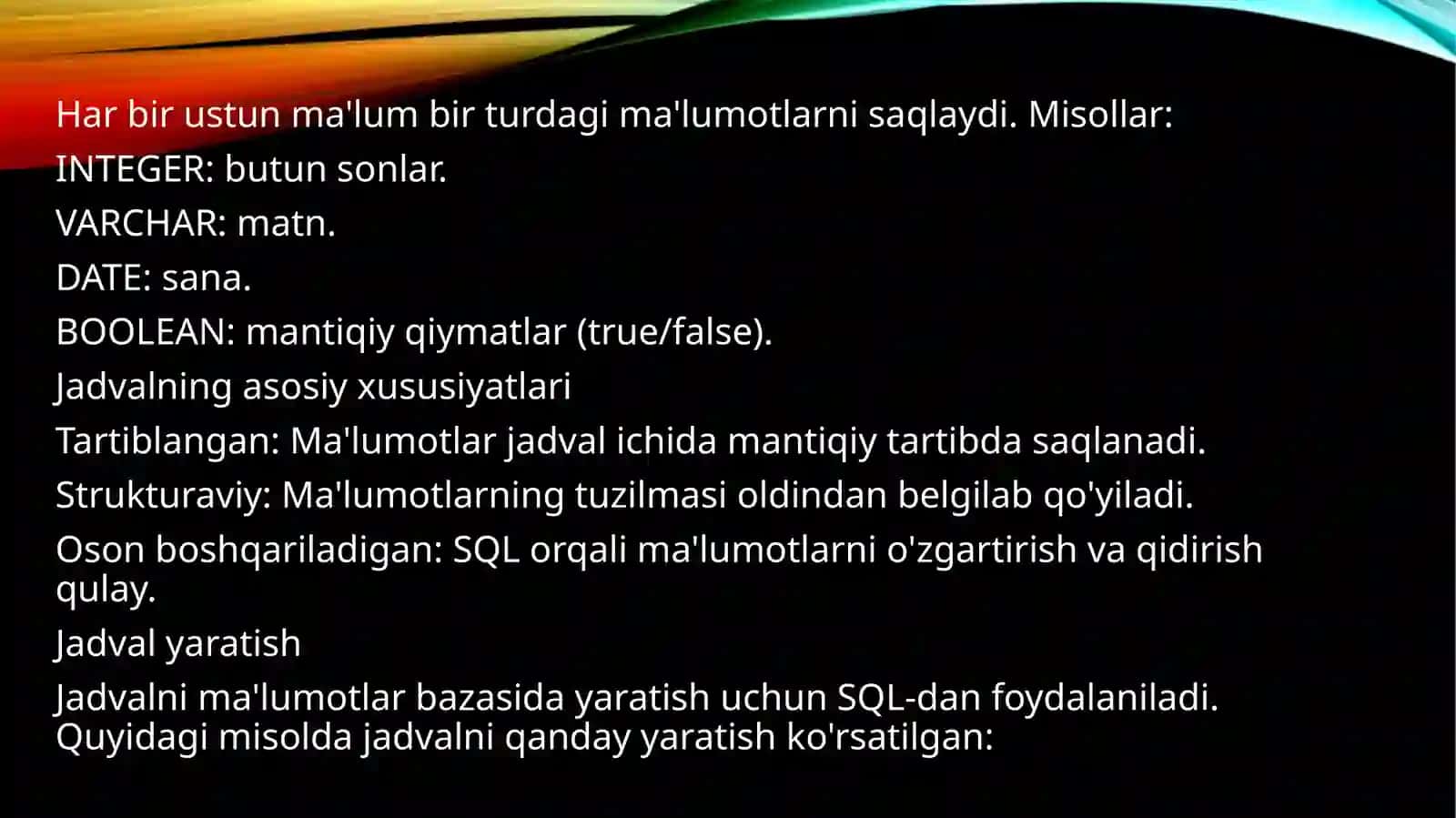 Ma’lumotlar ba’zasida jadval tushunchasi 4