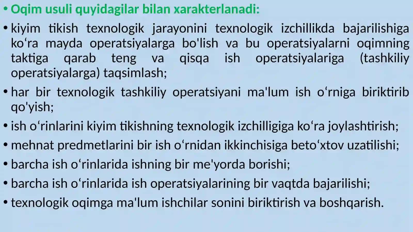 ISHLAB CHIQARISH OQIM SHAKL VA TURINITANLASH.TIKUVSEXLARIDA TEXNOLOGIK JARAYONLARNI LOYIHALASH 4