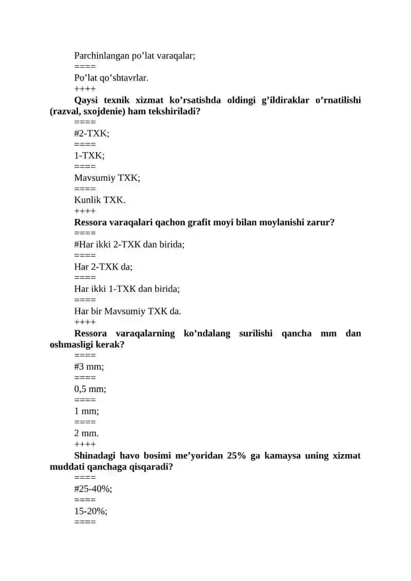 Ressorlar holati ko’rish yo’li bilan, uning qotirilganligi qanday kalit yordamida aniqlanadi? 4
