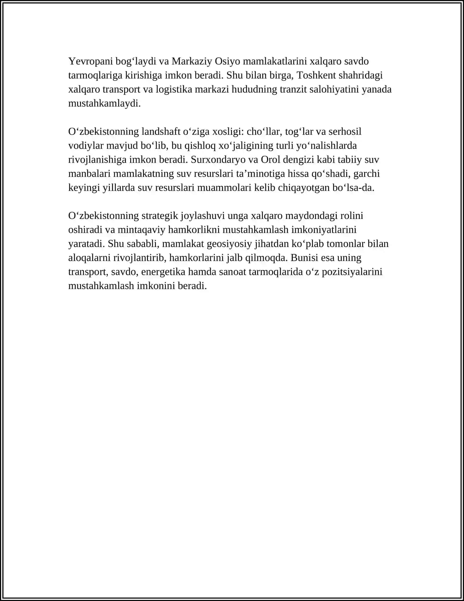 O'ZBEKISTONNING MARKAZIY OSIYODA TINCHLIK VA BARQARORLIKNI TA'MINLASHDAGI O'RNI 4