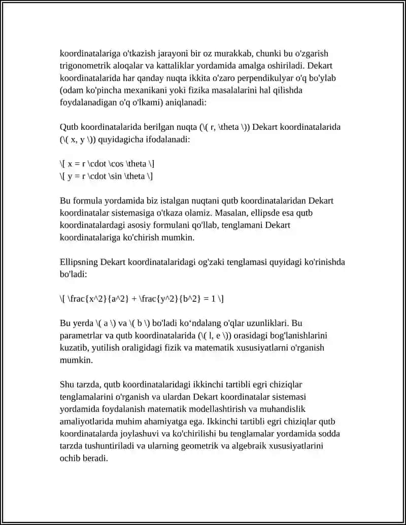 IKKINCHI TARTIBLI EGRI CHIZIQNING QUTB KOORDINATALARDAGI TENGLAMALARI VA UNDAN DEKART KOORDINATALAR SISTEMASIGA O'TISH 4