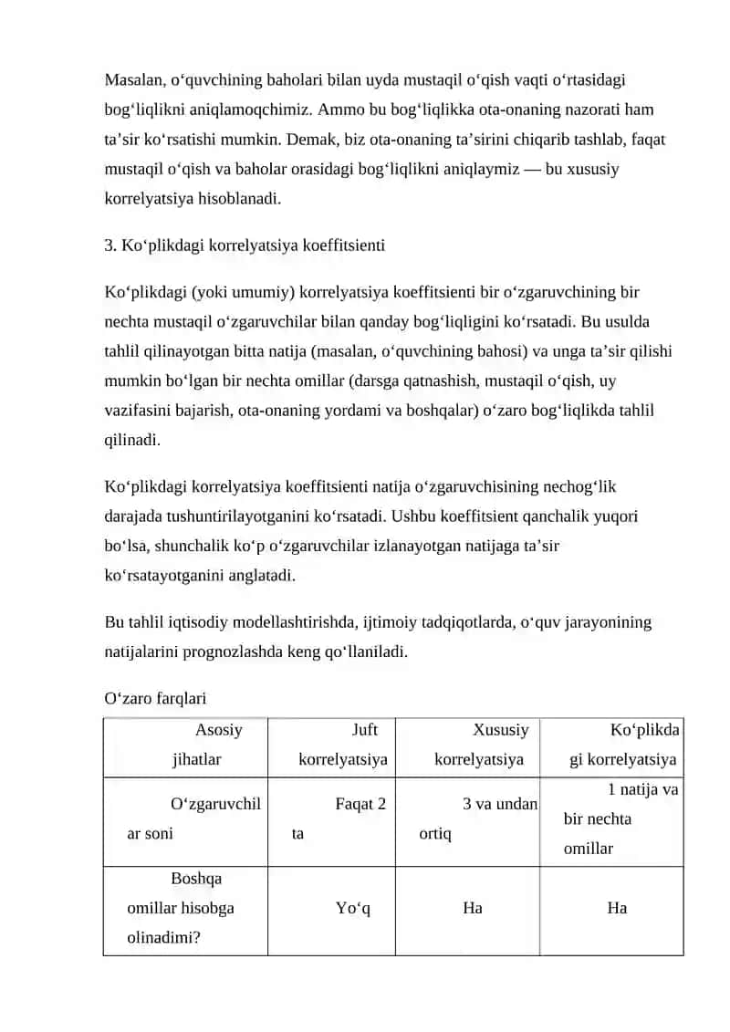 JUFT VA XUSUSIY VA KUPLIKDAGI KORRELYATSIYA KOEFFITSIENTALARI ULARNING O'ZARO FARQLARI 4
