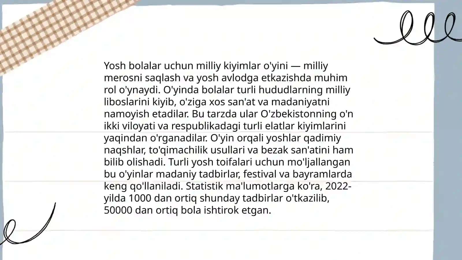 Maktabgacha ta'lim tashkiloti tarbiyalanuvchilarini milliy qadriyatlarga hurmat ruhida tarbiyalashda rivojlantiruvchi markazlarda olib boriladigan òyin ta'limiy va frontal faoliyatni harayonga tatbiq qilish 4