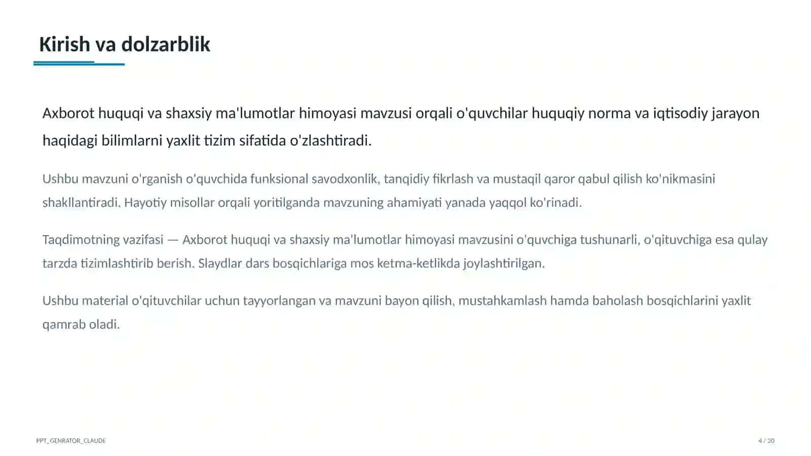 Huquq va iqtisodiyot asoslari (9–11) — o'qituvchilar uchun 4
