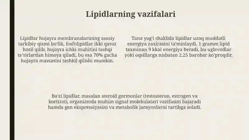 Lipidlarning tuzilishi funksiyasi va metabolitik jarayonlari 4