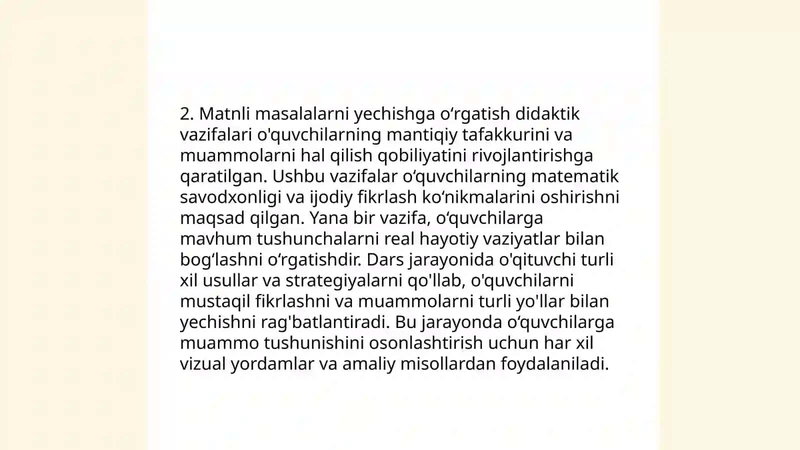Matematikani oʻqitishda masalalarni oʻrni va roli, oʻquvchilarni matnli masalalar yechishga oʻrgatish metodikasi 4