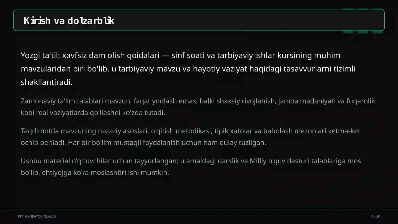Sinf soati va tarbiyaviy tadbirlar (1–11) — o'qituvchilar uchun 4