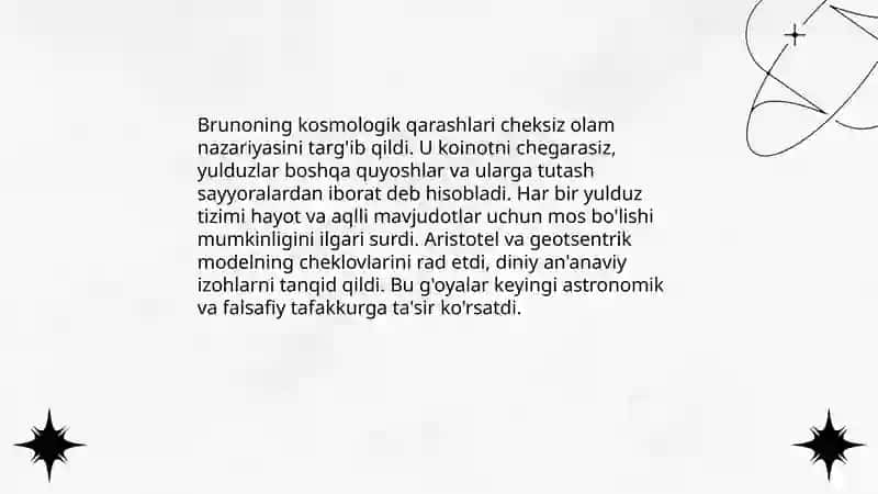 Olamning geliotsentrik tizimi uchun kurash. Djordano Brunoning ilmiy merosi 4