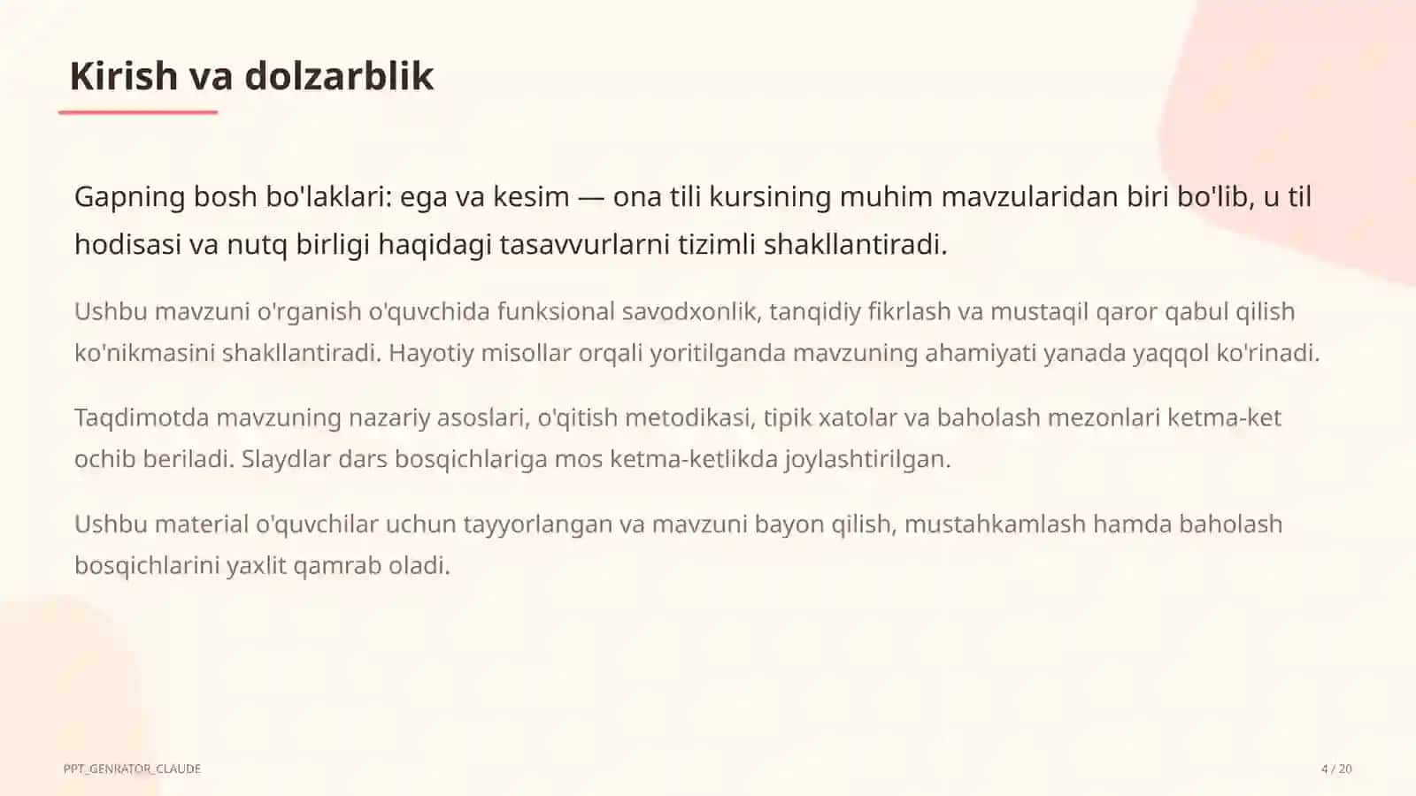 Gapning bosh bo'laklari: ega va kesim (8-sinf) 4