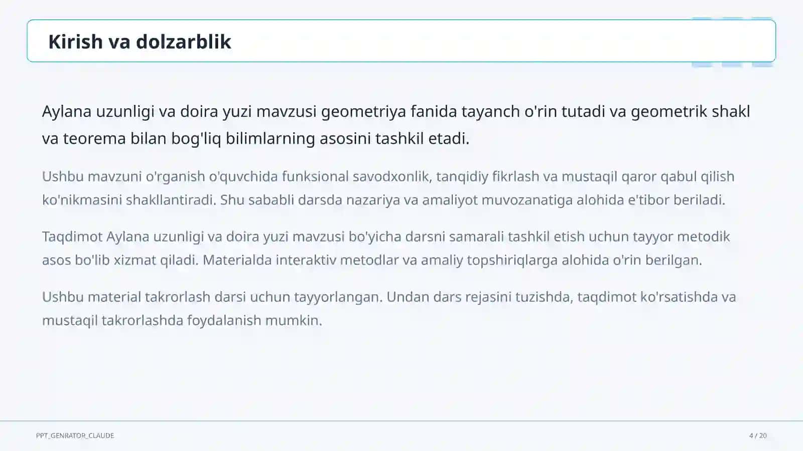 Aylana uzunligi va doira yuzi (9-sinf) 4