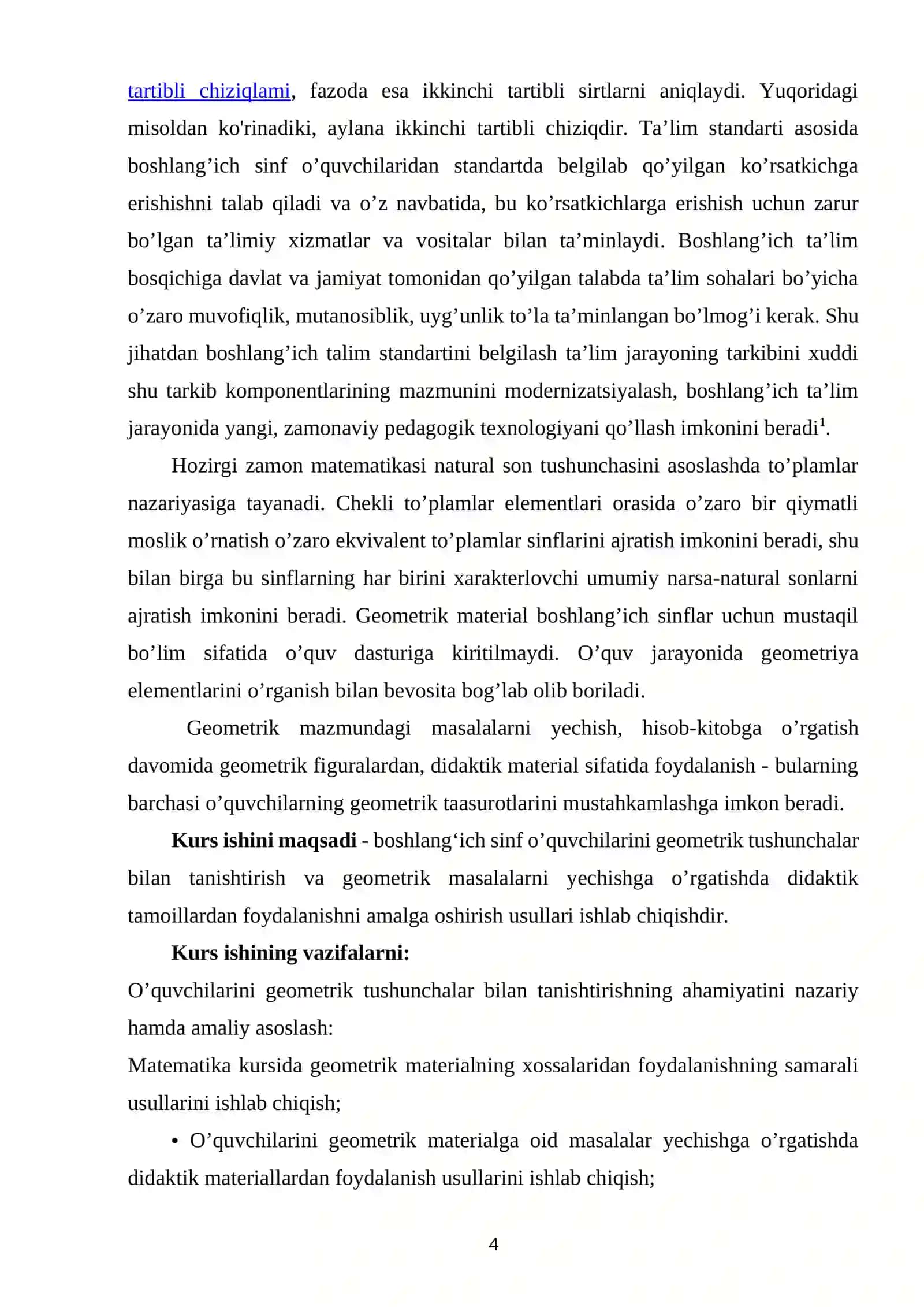 BOSHLANG’ICH SINFDA  GEOMETRIK MAZMUNDAGI                  MASALA VA ULARNI O’RGANISH METODIKASI. KURS ISHI 4