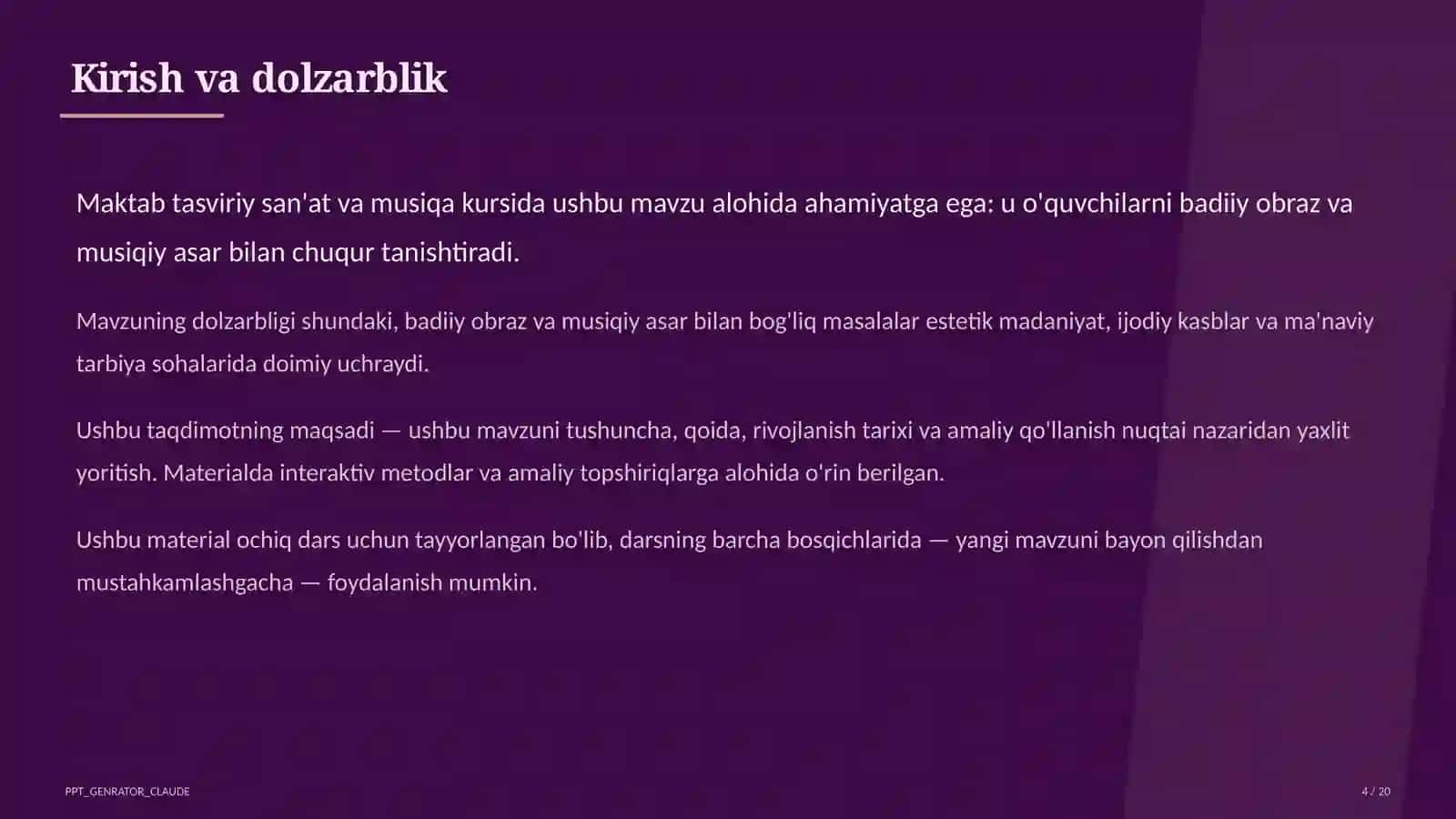 Tasviriy san'at va musiqa (1–7) — ochiq dars uchun 4
