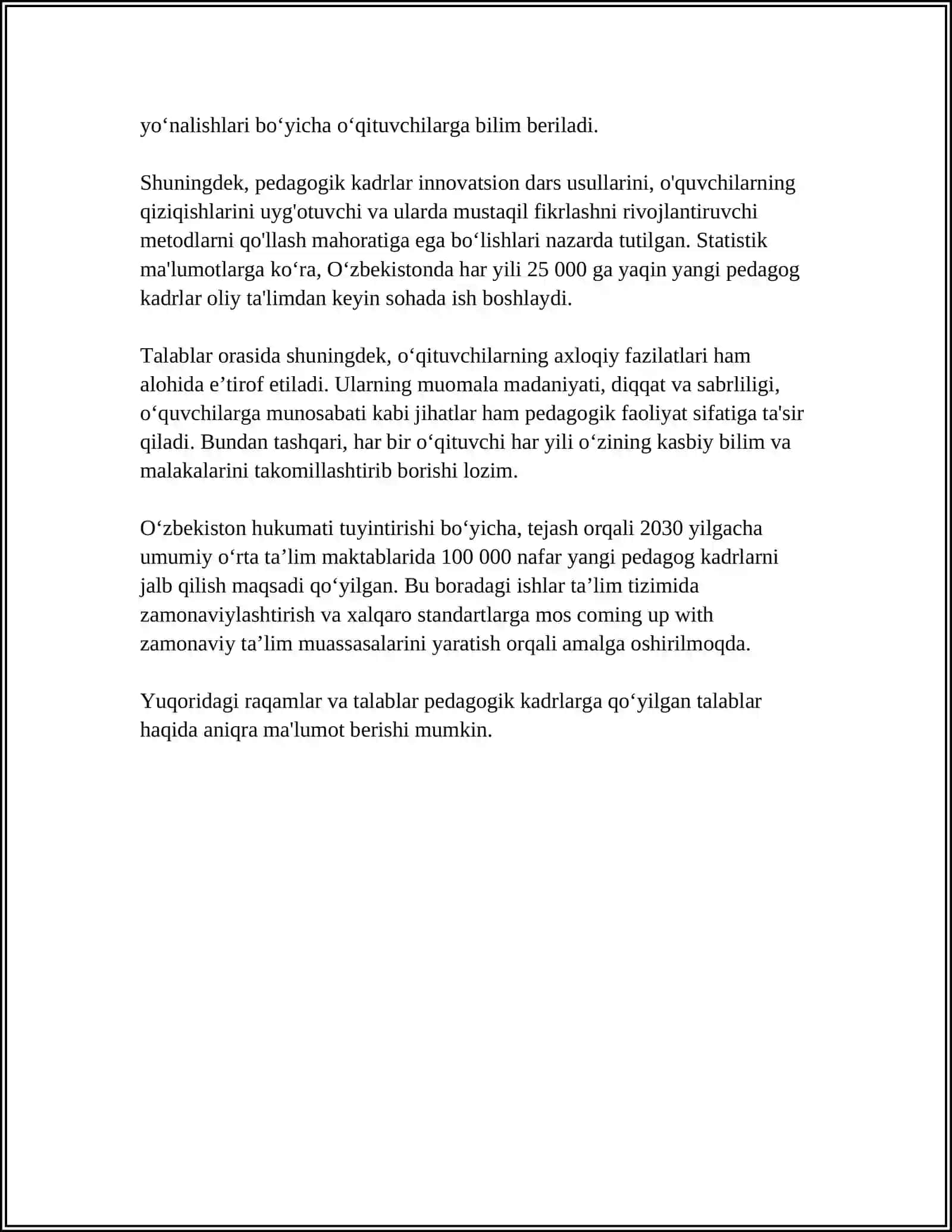 O'ZBEKISTON RESPUBLIKA TA'LIMI. PEDAGOGLIK KASBI VA UNING VAZIFALARI 4