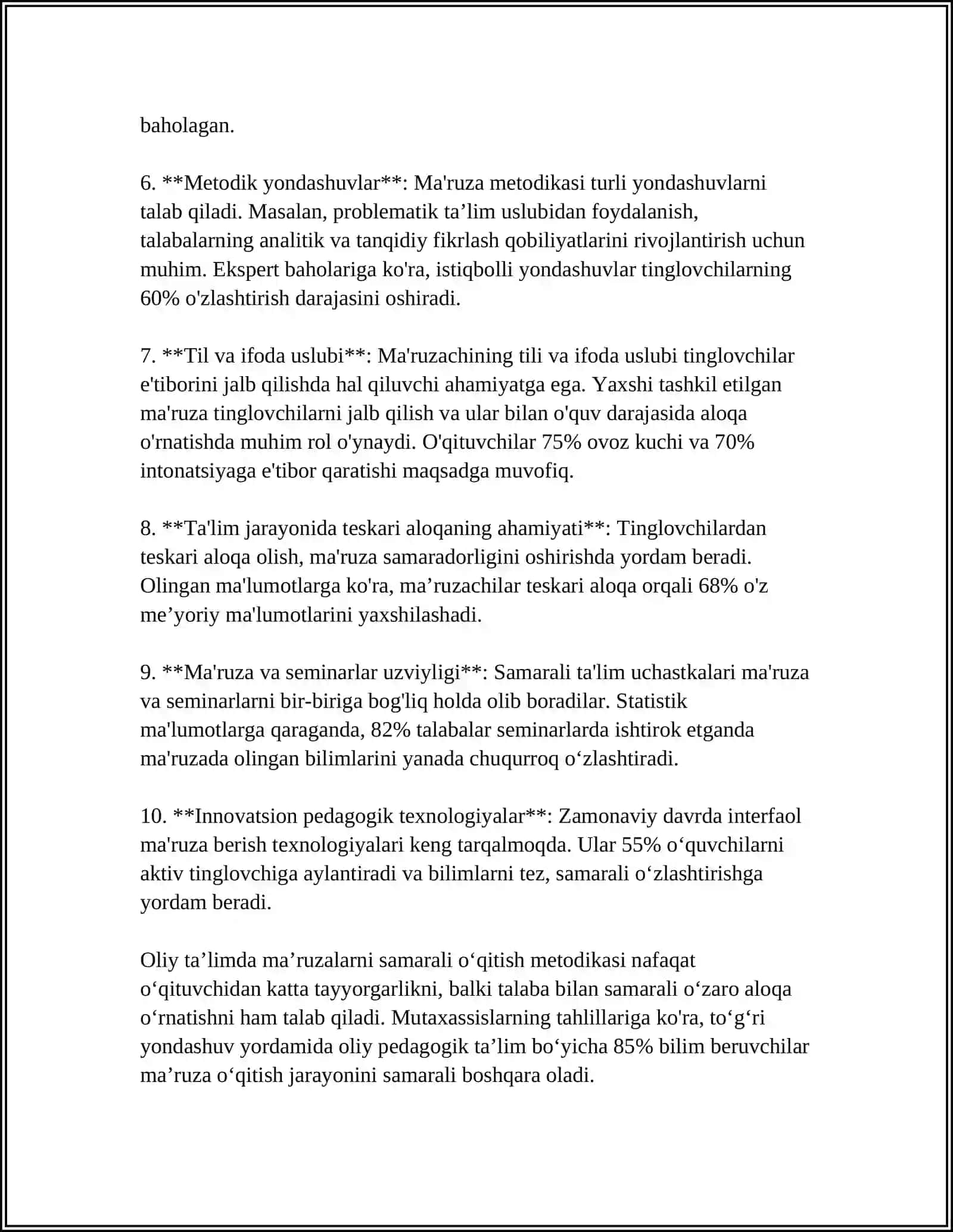 OLIY TA'LIM VA PROFESSIONAL TA'LIMDA MUTAXASSISLIK FANLARINING O’QITILISHI: MA’RUZA, AMALIY, SEMINAR, LABAROTORIYA VA MUSTAQIL TA’LIM 4