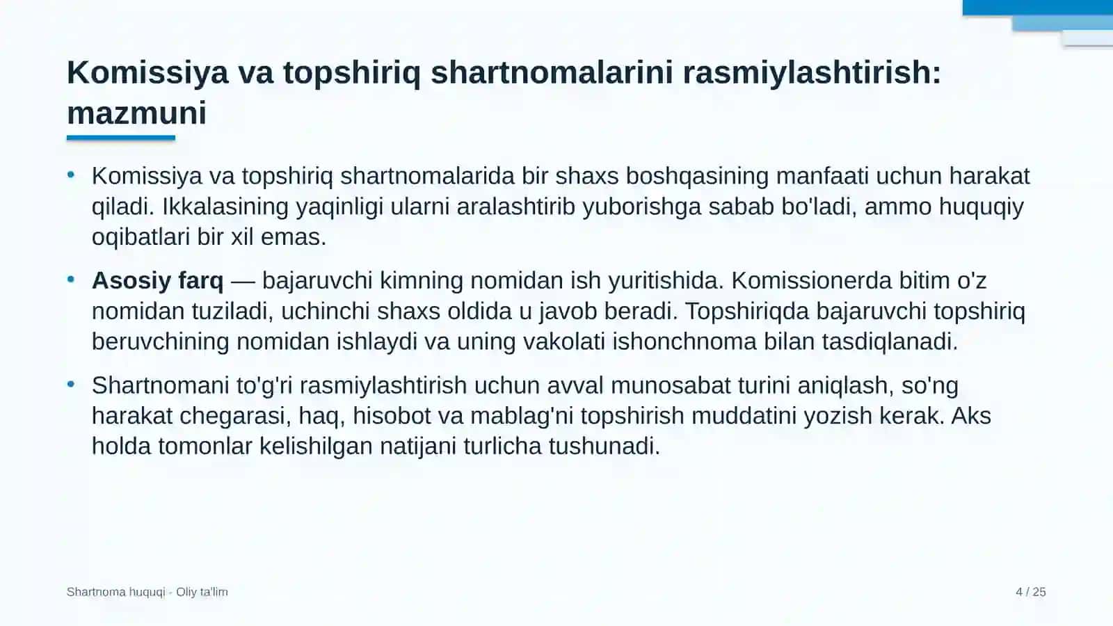 Shartnoma Huquqi · Oliy Ta'limga oid Komissiya va Topshiriq Shartnomalarini Rasmiylashtirish 4