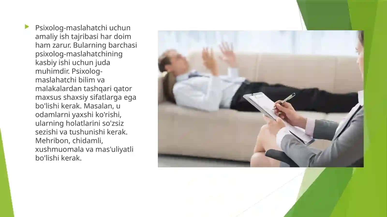 Psixolog maslahatchi va uning ishiga qo'yiladigan talablar, psixologik maslahatni o'tkazish va uning bosqichlari 4