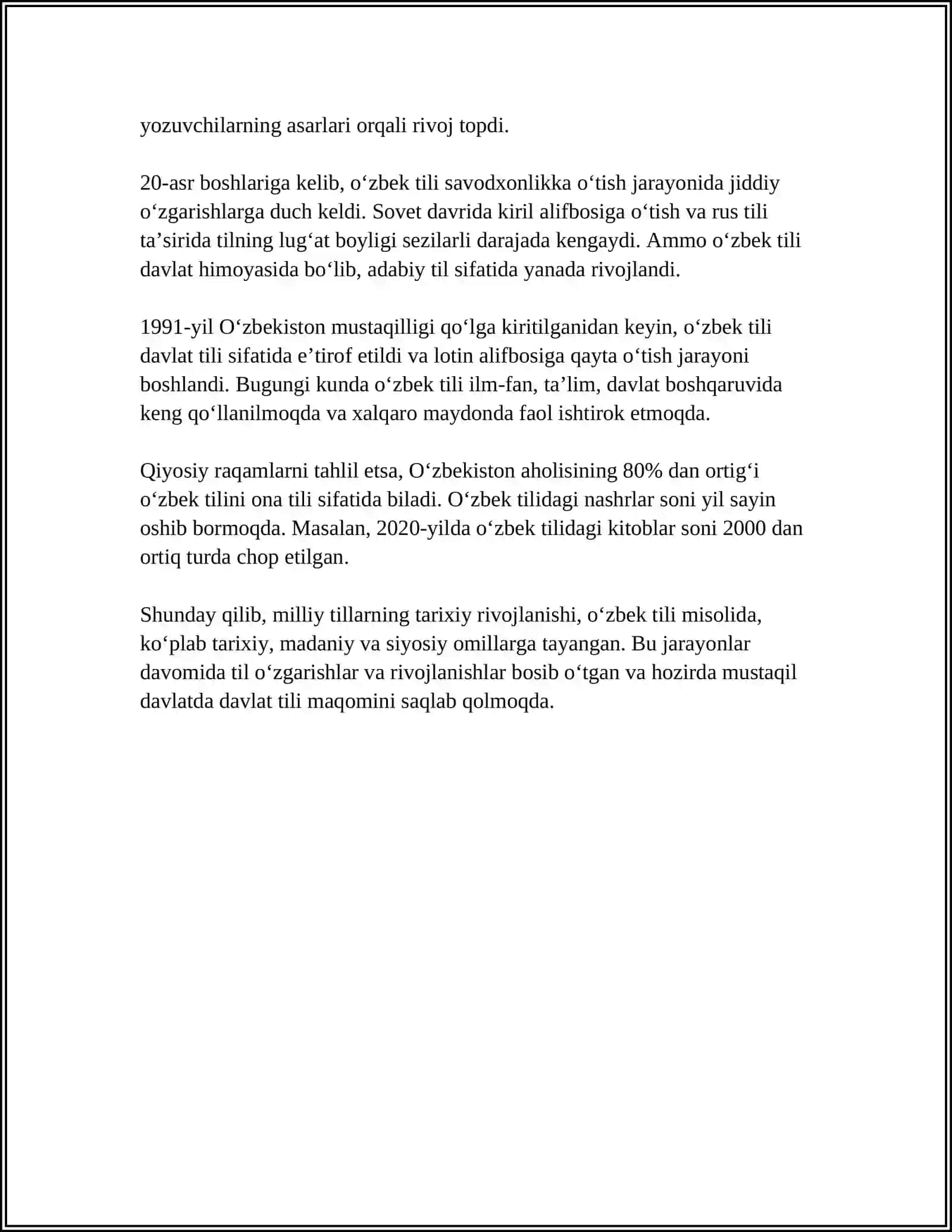 REJA FOYDALANILGAN ADABIYOTLAR ROʻYXATI SNOSKA MILLIY TILLARNING SHAKLLANISHI VA RIVOJLANISHI 4