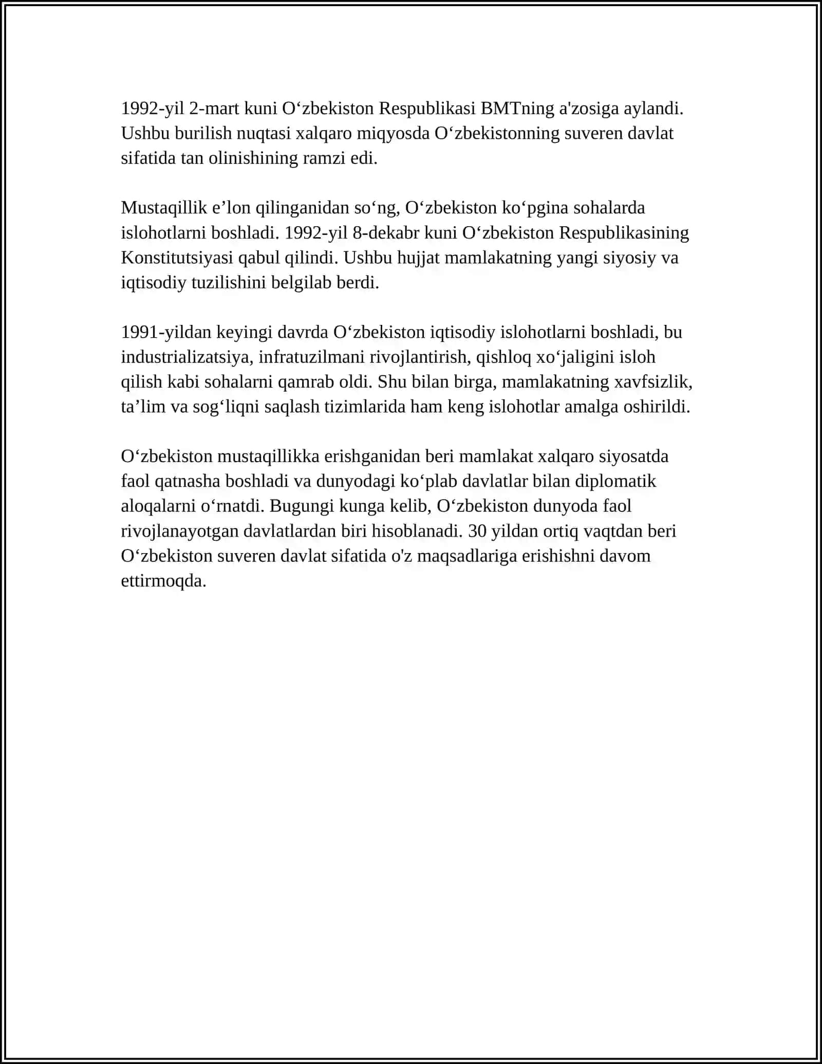 O'ZBEKISTONDA DAVLAT MUSTAQILLIGINING QO'LGA KIRITILISHI, HUQUQIY DEMOKRATIK DAVLAT VA FUQAROLIK JAMIYATI ASOSLARINI BARPO ETISH BORASIDAGI ISLOHOTLAR 4