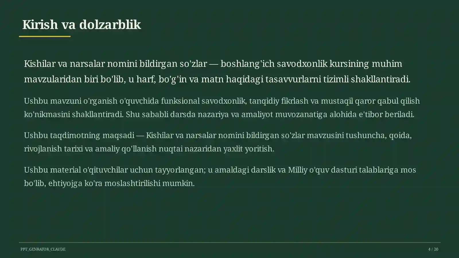 Boshlang'ich sinf: Ona tili va o'qish (1–4) — o'qituvchilar uchun 4