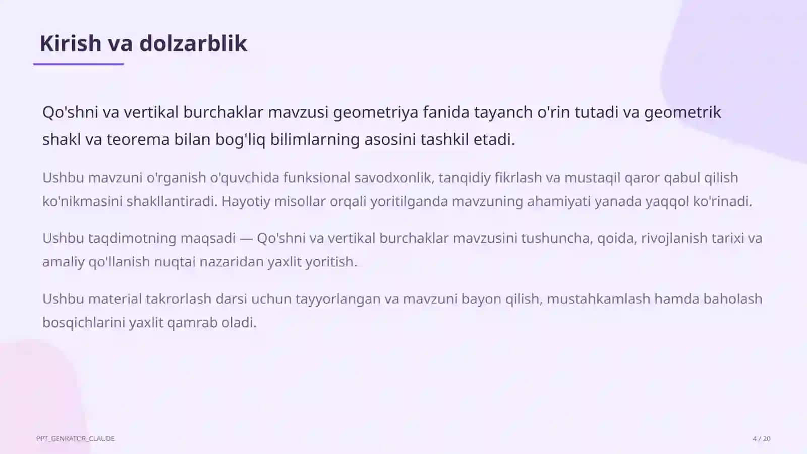 Qo'shni va vertikal burchaklar (7-sinf) 4
