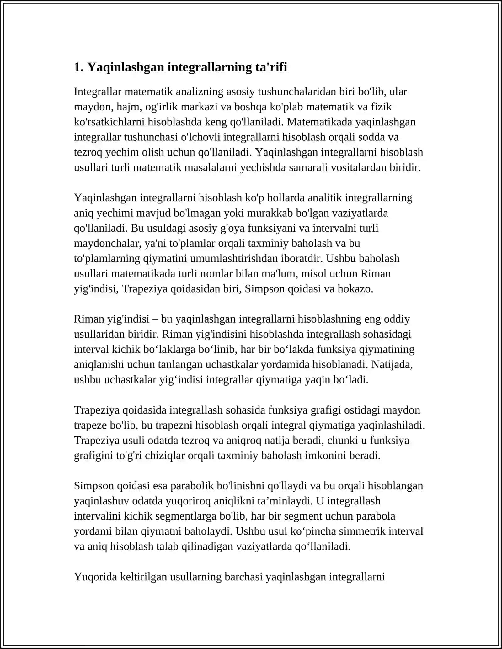 TAQRIBIY INTEGRALLASH FORMULASINI TANLASH, ANIQLIGINI BAHOLASH 4