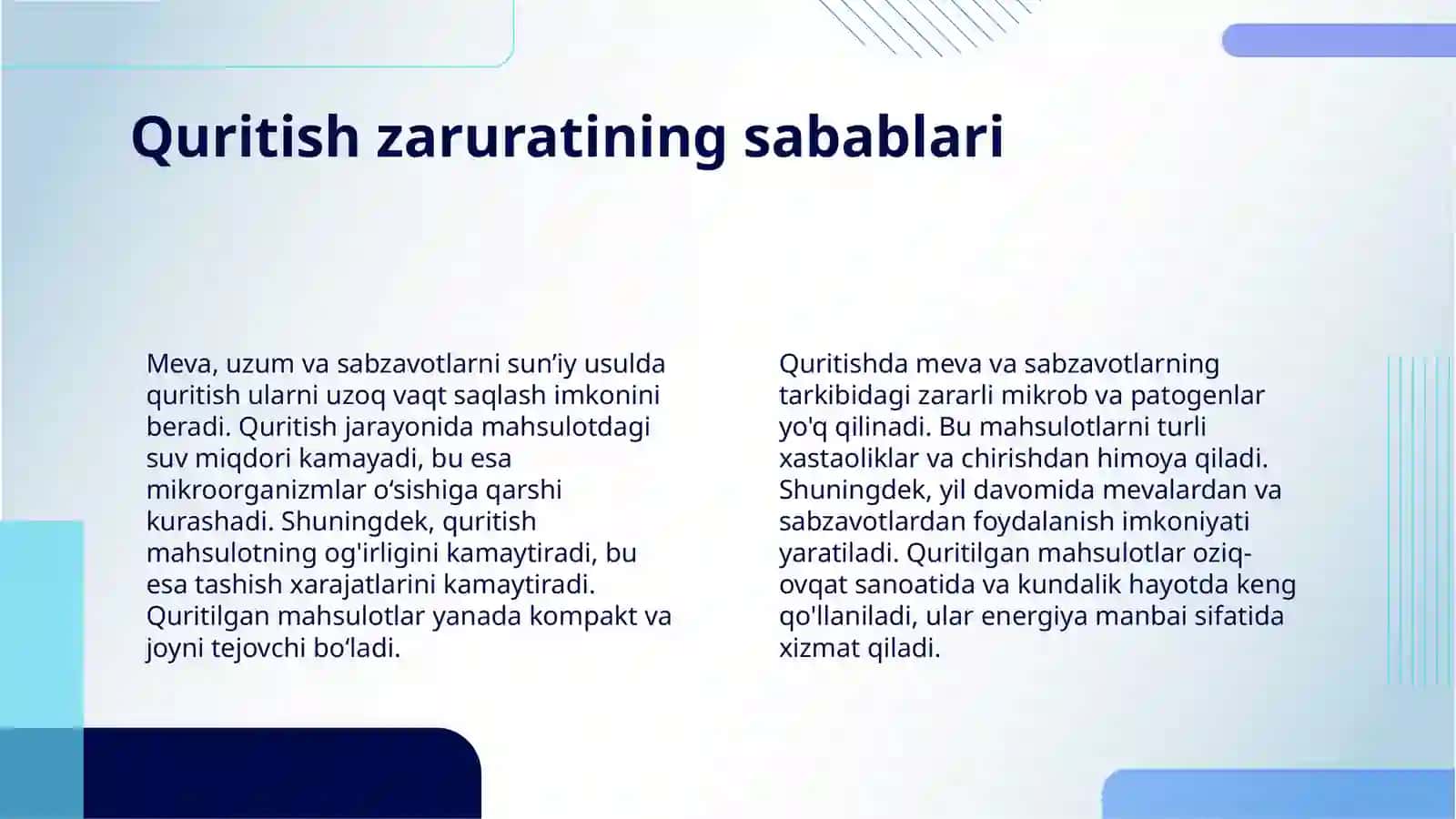 MEVA – UZUM VA SABZAVOTLARNI SUN’IY USULDA QURITISH 4