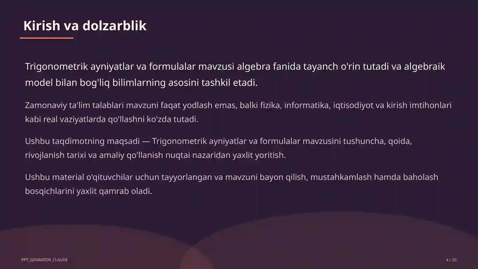 Trigonometrik ayniyatlar va formulalar (10-sinf) 4