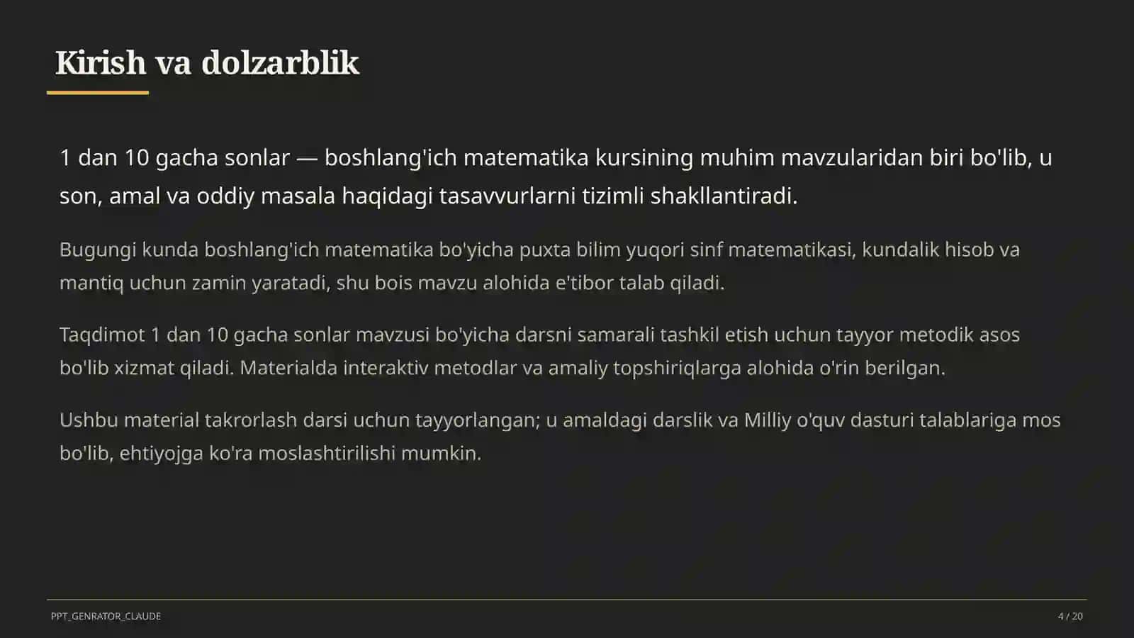 1 dan 10 gacha sonlar (1-sinf) Boshlang'ich sinf: Matematika 4