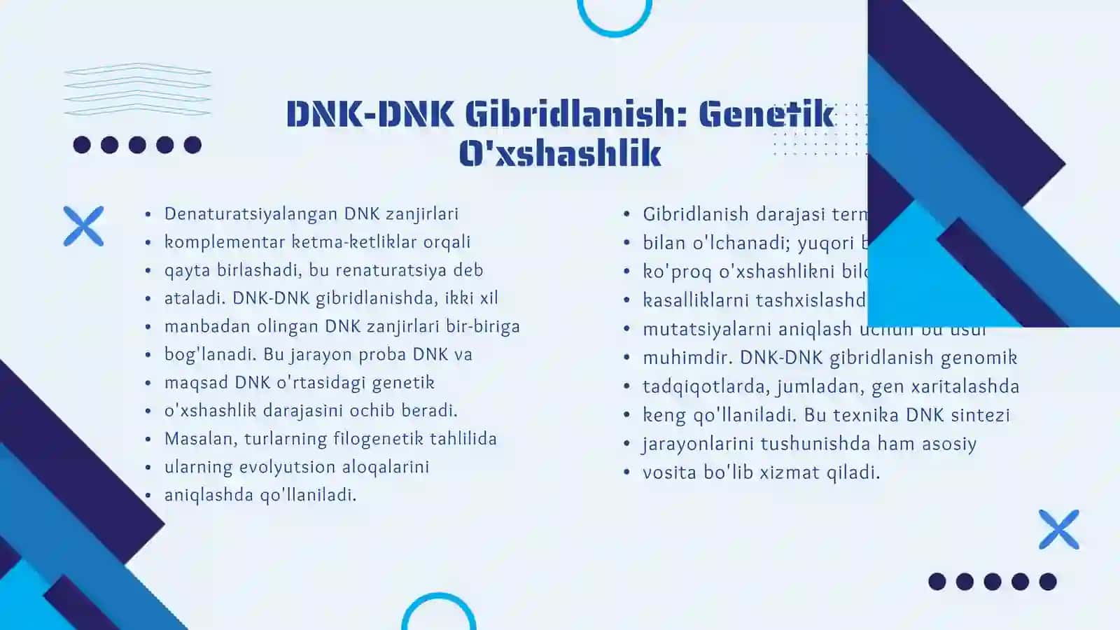 Nuklein kislotalarning denaturatsiyasi va renaturatsiyasi. DNK-DNK, DNK-RNK gibridlanishi. DNK sintezi jarayoni 4