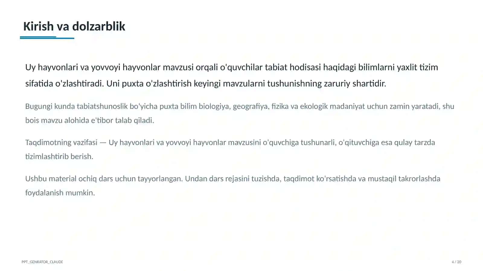 Uy hayvonlari va yovvoyi hayvonlar (1-sinf) Boshlang'ich sinf: Tabiatshunoslik (1– 4) — ochiq dars uchun 4