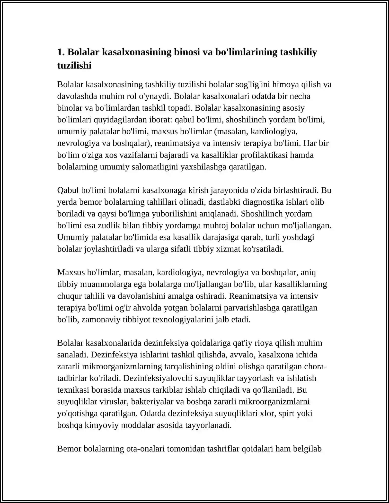 BOLALAR KASALXONASINING TUZILISHI. DEZINFEKSIYA TURLARI. DEZINFEKSIYALOVCHI SUYUQLIKLARNI TAYYORLASH VA ISHLATISH TEXNIKASI 4