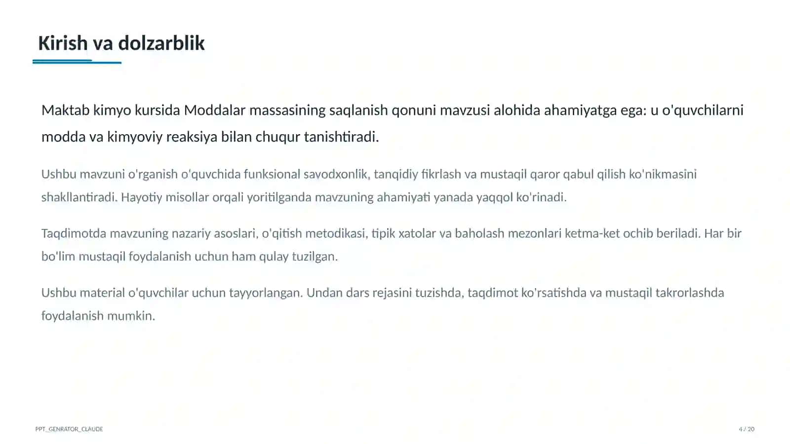 Moddalar massasining saqlanish qonuni (7-sinf) Kimyo (7–11) — o'quvchilar uchun 4