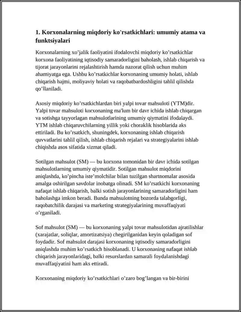 Korxonalarning XO’jalaiK faoliyati miqdoriy ko’rsatkichlari 4