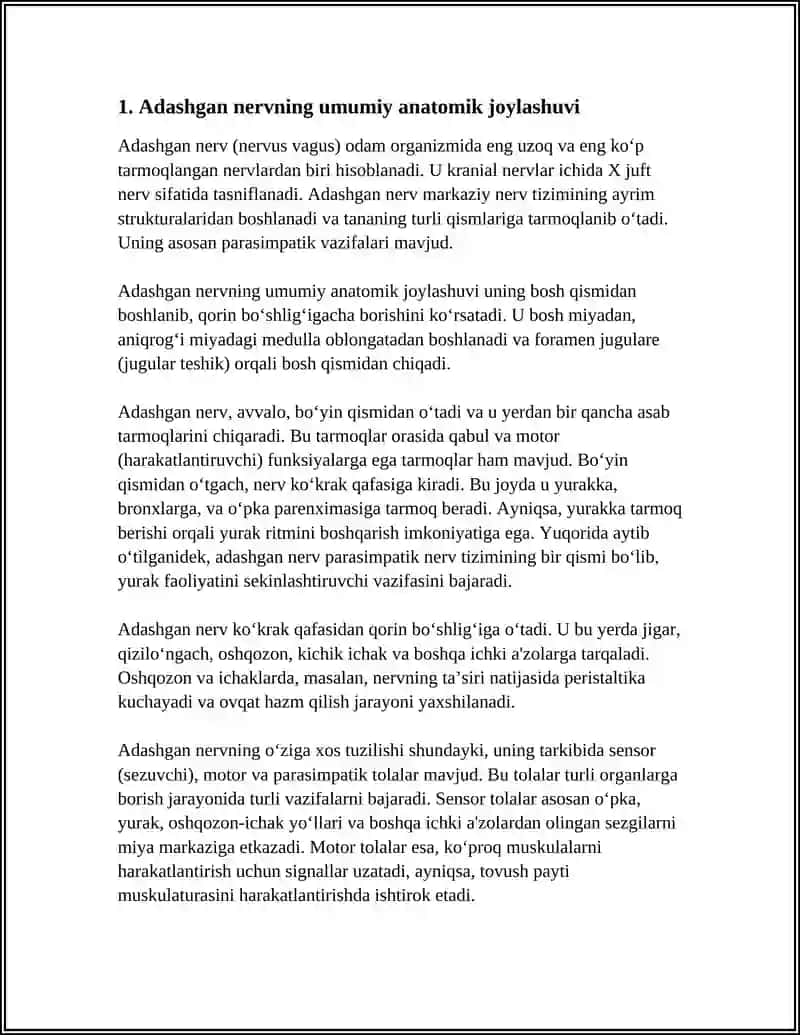 Adashgan nerv. Adashgan nervning o‘ziga xos tuzilishi. Vegetativ nerv tizimining simpatik va parasimpatik qismi 4