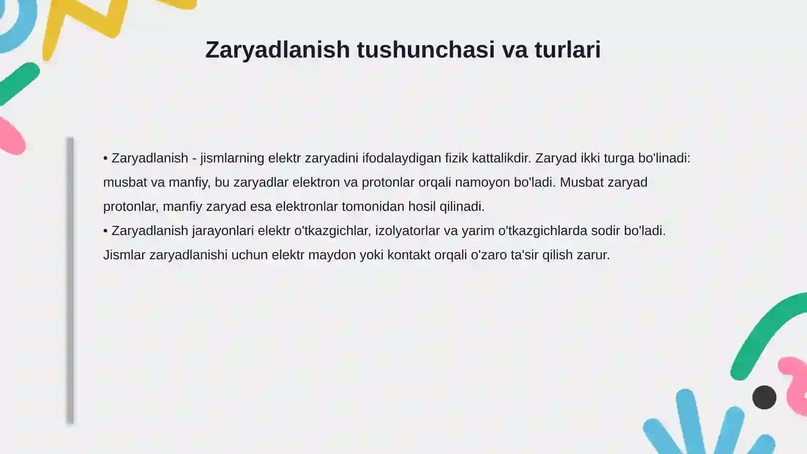 Elektrostatika. Elekır magnetizm tarixidan. Jismlarning zaryadlanishi va ularning ozaro ta' siri. Elektron va proton zaryadi. Kulon Qonuni 4