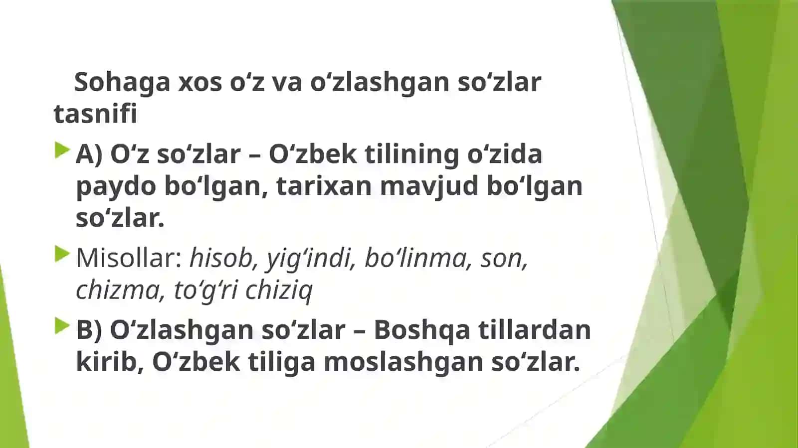 O'zbek tili leksikasining boyish manbalari.Sohaga xos o'z va o'zlashgashgan so'zlar tasnifi. Amaliy matematika sohasiga oid o'zlashgan so'zlar lug'atini tuzish 4