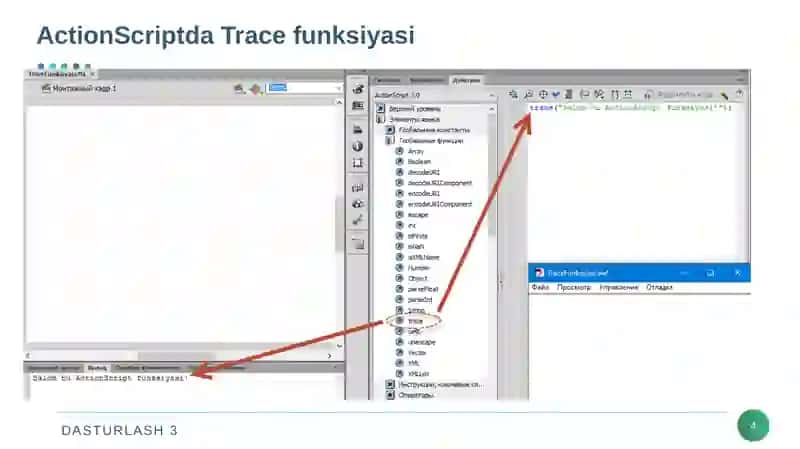 Trace funksiyasi, rolikga izoh yozish va oddiy arifmetik operatorlar. Satr va satrlar ustida bajariladigan amallar. Typeof() funksiyasi 4