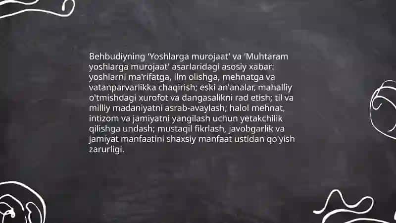 Mahmudxoʻja Behbudiyning "yoshlarga murojaat" va " Muhtaram yoshlarga murojaat" maqolalarni tahlil etish 4