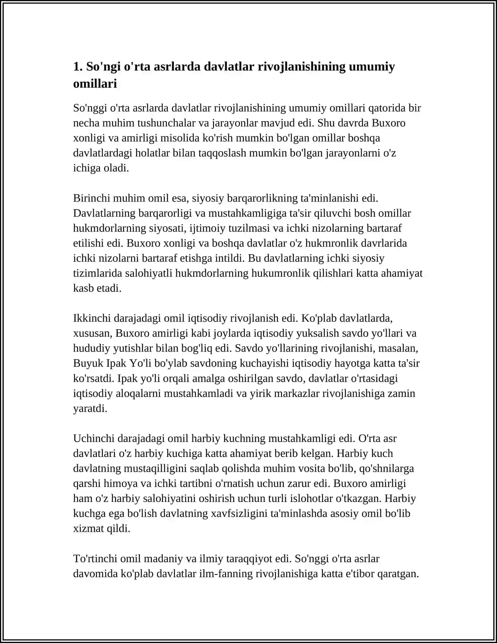SO'NGI O'RTA ASRLAR DAVLATLAR TARAQQIYOTI VA TANAZUYL SABABLARI BUXORO XONLIGI VA BUXORO AMIRLIGI TARAQIYOTI SHU DAVRDA YEVROPA OSIYO AFRIKA QITASIDA HUKUMRONLIK QILGAN BOSHQA DAVLAT TAQRAQIYOTI BILAN O'ZARO TAQQOSLANADI 4