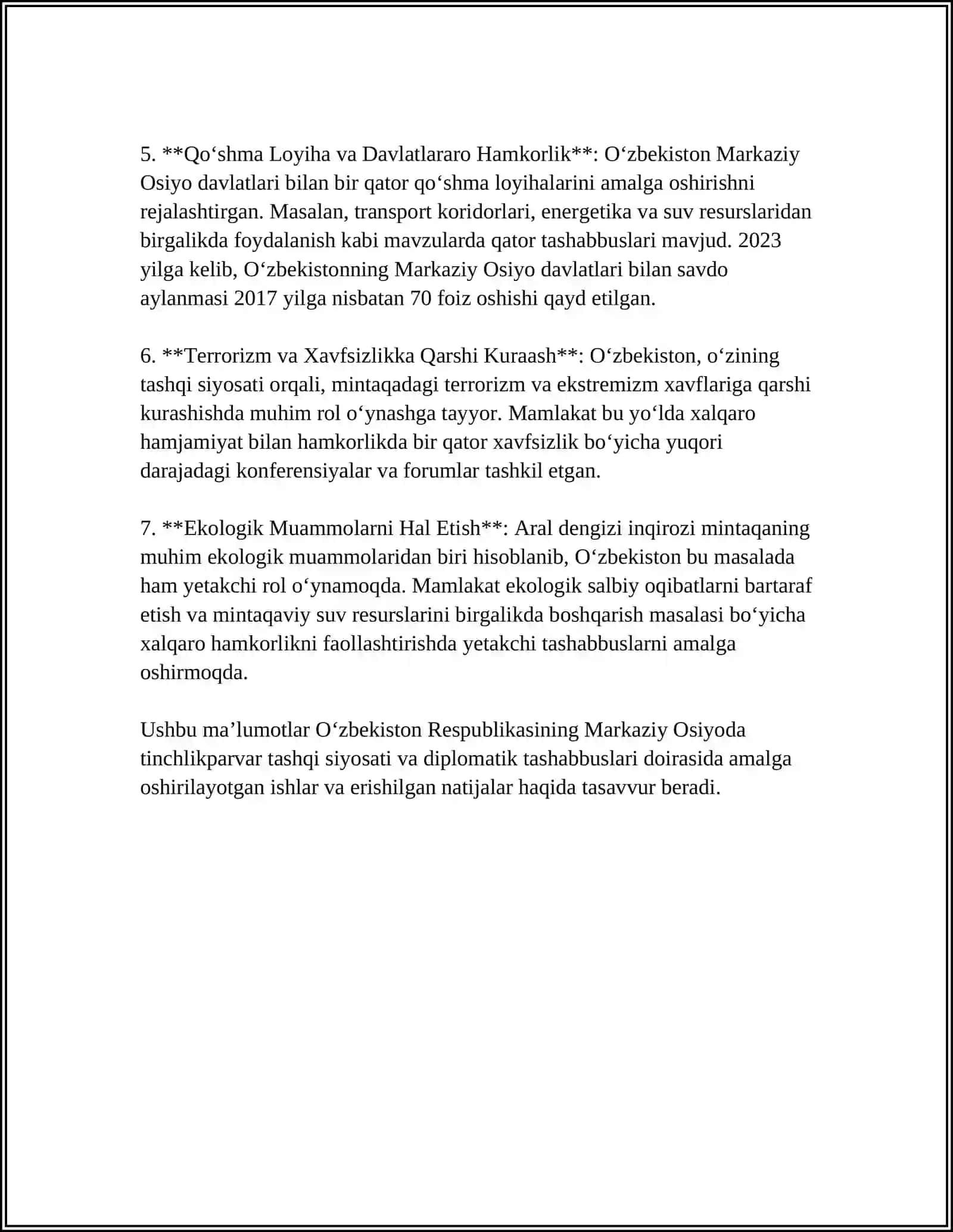 O‘ZBEKISTONNING MARKAZIY OSIYODA TINCHLIK VA BARQARORLIKNI TA’MINLASHDAGI O‘RNI 4